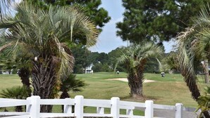 A golf course with palm trees and a white fence. - 2609l Home by RedAwning (Calabash)