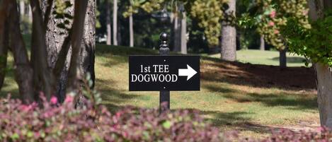 A directional sign for '1st Tee Dogwood' with an arrow pointing to the right.