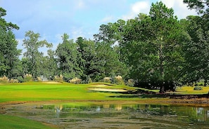 A golf course with a pond, trees, and sand bunkers.