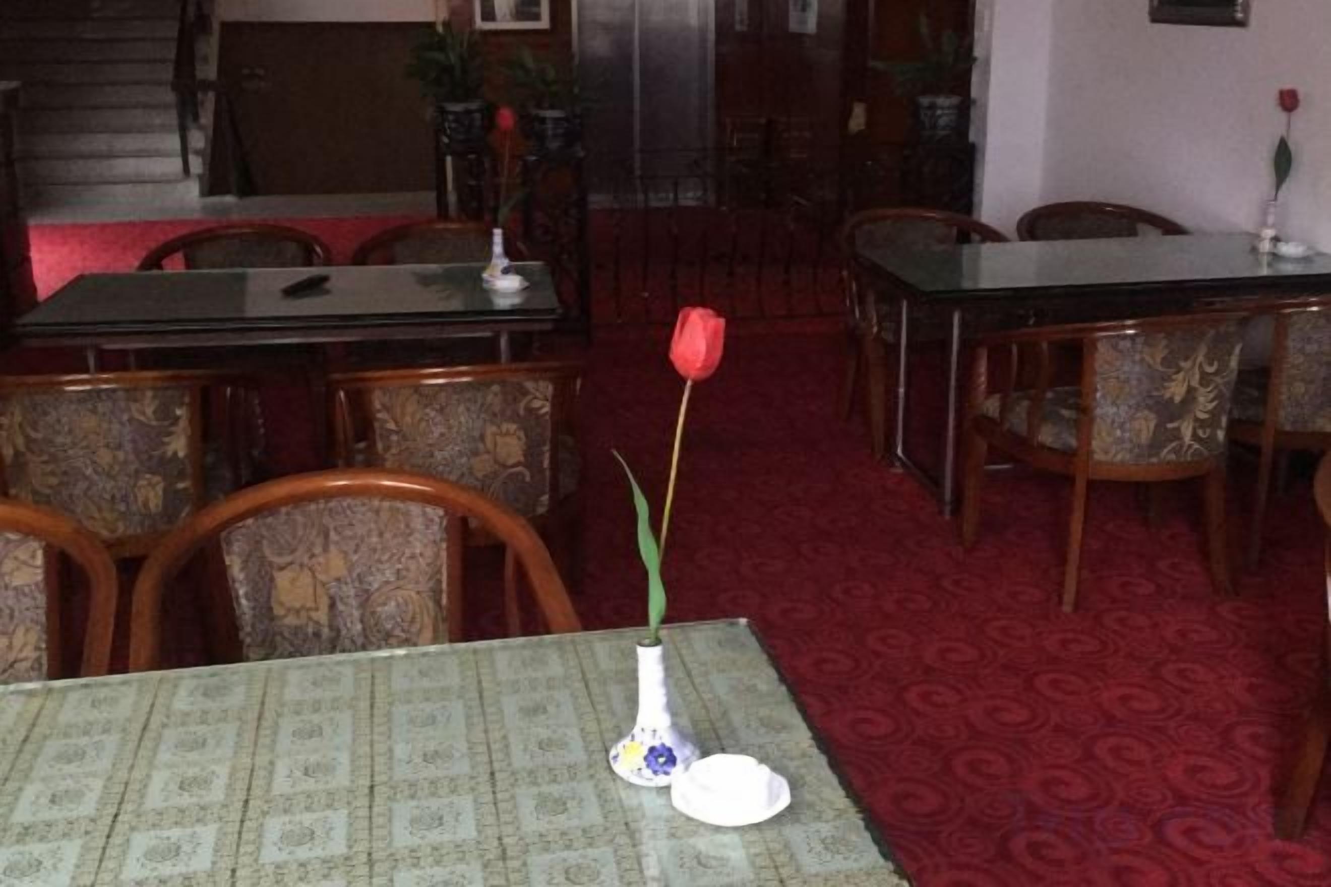 A dining area with a table set for two, a vase with a single red rose, and a patterned tablecloth.