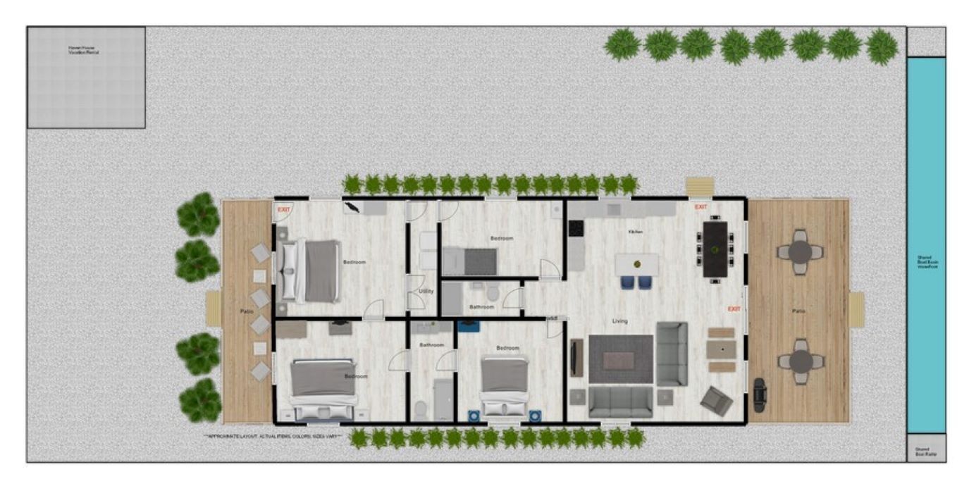 A floor plan of a hotel with multiple bedrooms, a living area, a dining area, and a balcony.
