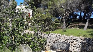 An outdoor seating area with wicker chairs and a table, surrounded by a stone wall and greenery.