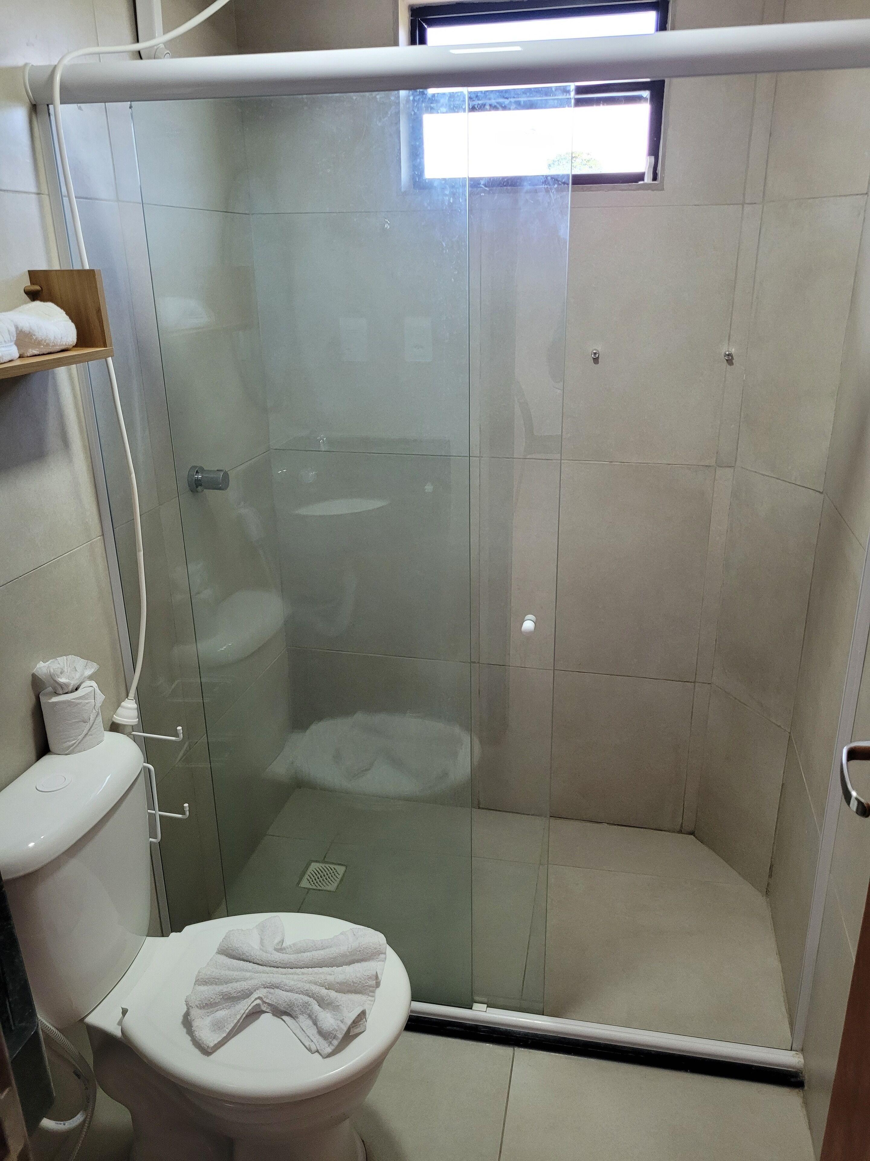 Un baño moderno con ducha de vidrio, inodoro y toallero.