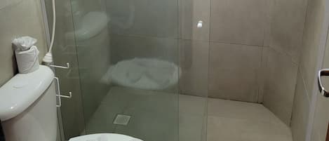 A modern bathroom with a glass-enclosed shower, a toilet, and a towel rack.