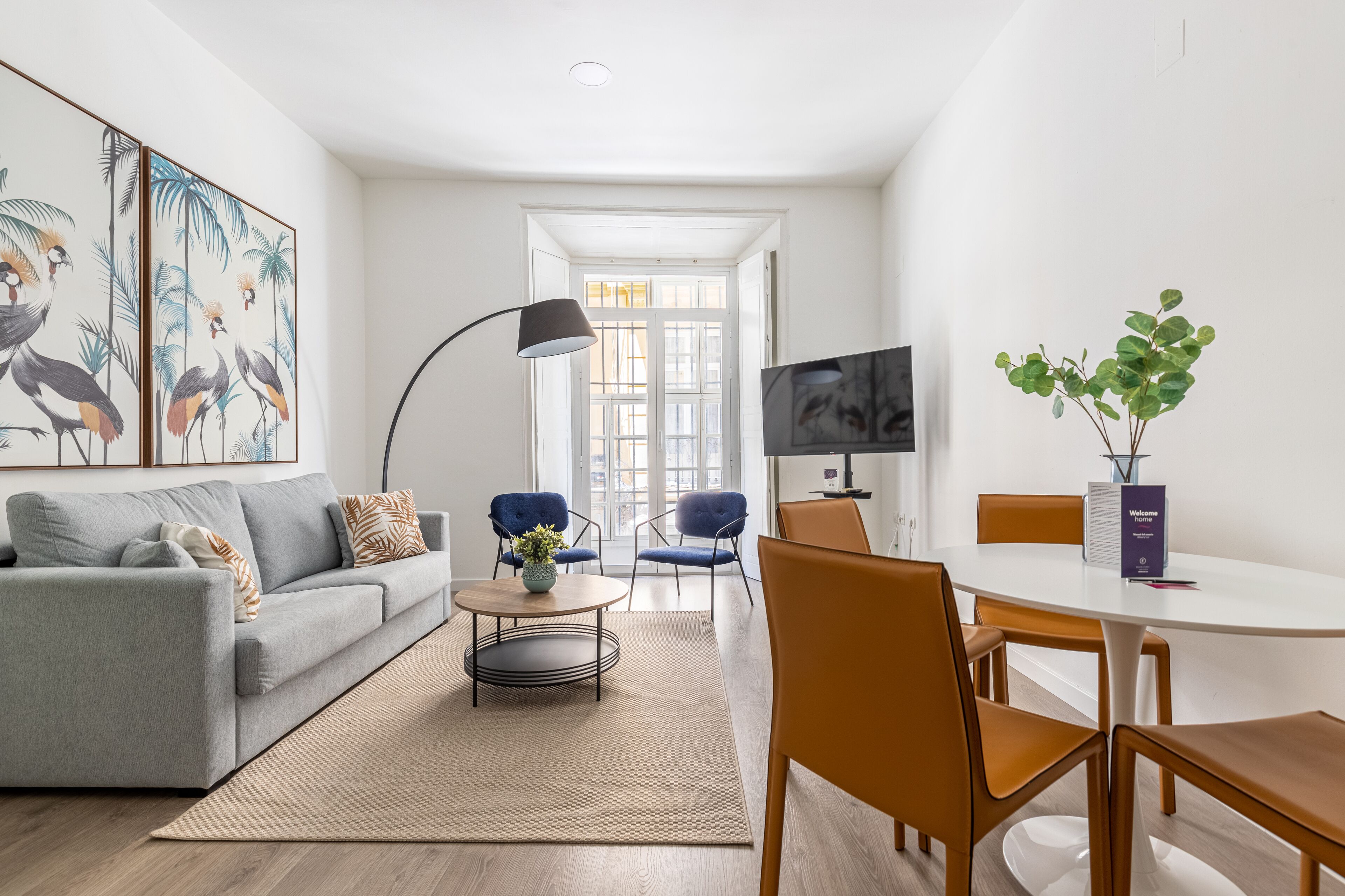 A modern living room with a grey sofa, blue chairs, a round coffee table, and a TV on a stand.