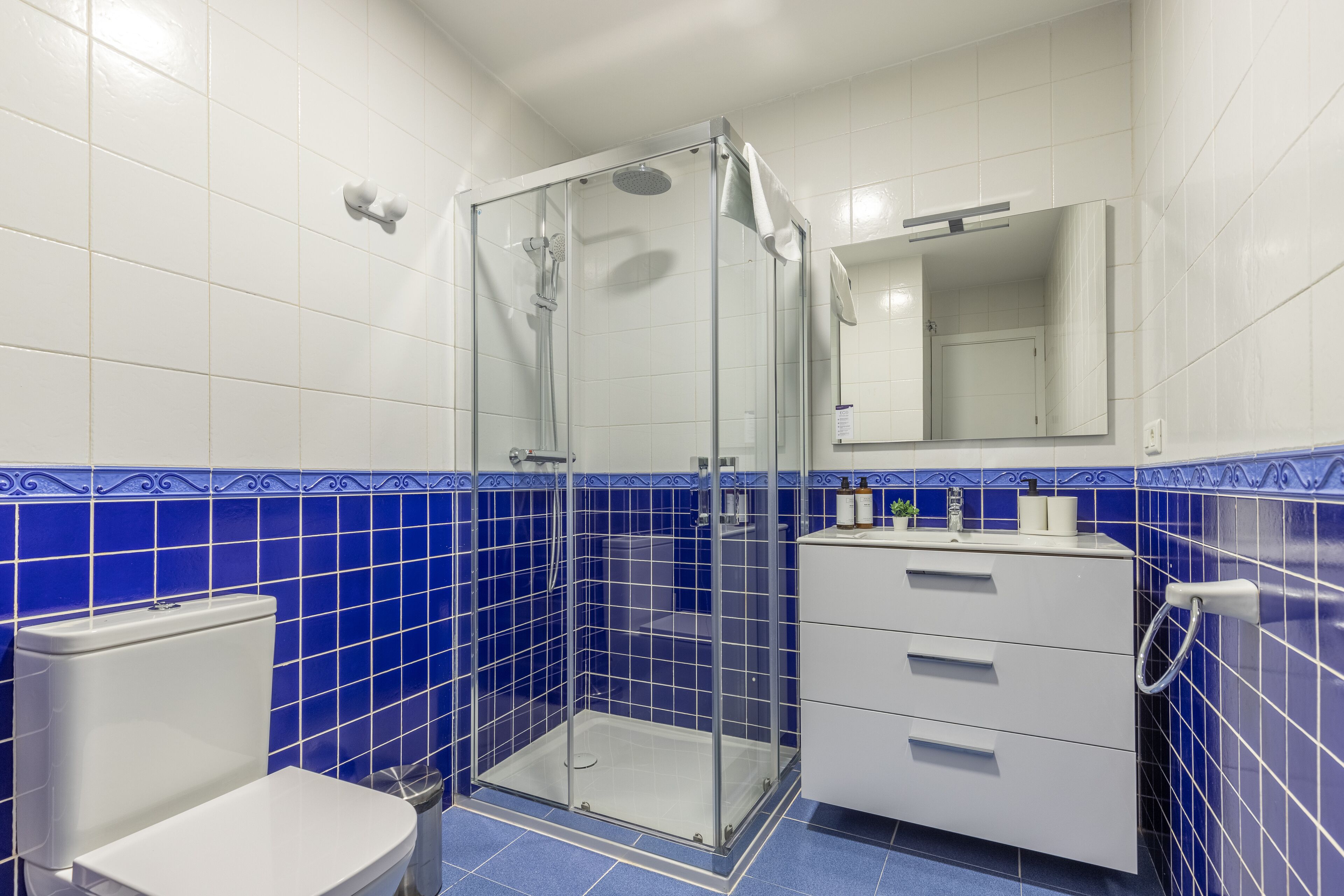 A bathroom with a glass-enclosed shower, white toilet, and a vanity with drawers and a mirror.