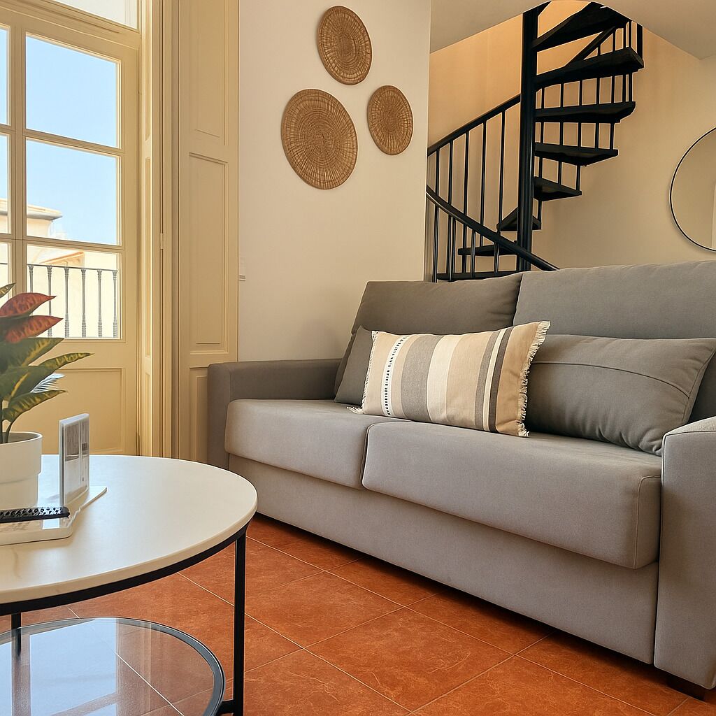 Een woonkamer met een bank, een ronde tafel, een spiltrap en decoratieve wandkunst.