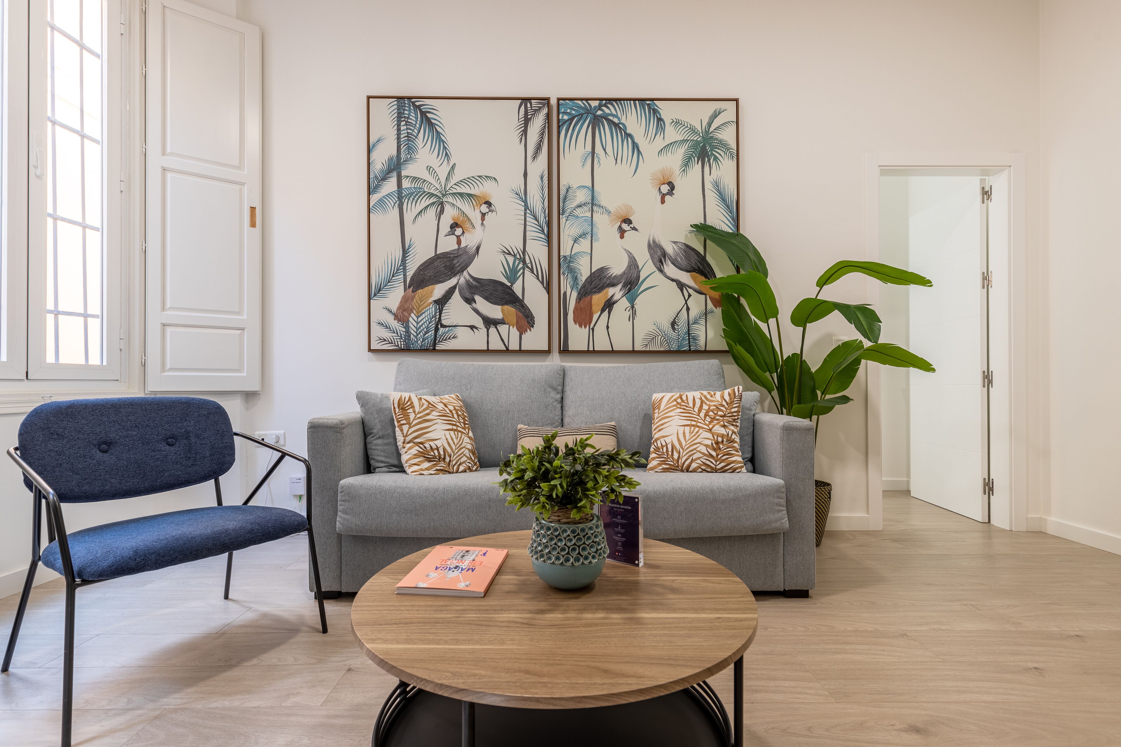 A living room with a grey sofa, a blue chair, a round coffee table with a plant, and two wall-mounted paintings of birds.