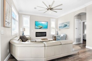 TV, fireplace, video library