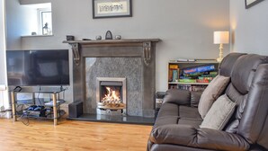 Ein Wohnzimmer mit Kamin, einer Ledersofa, einem Fernseher und einem Bücherregal.