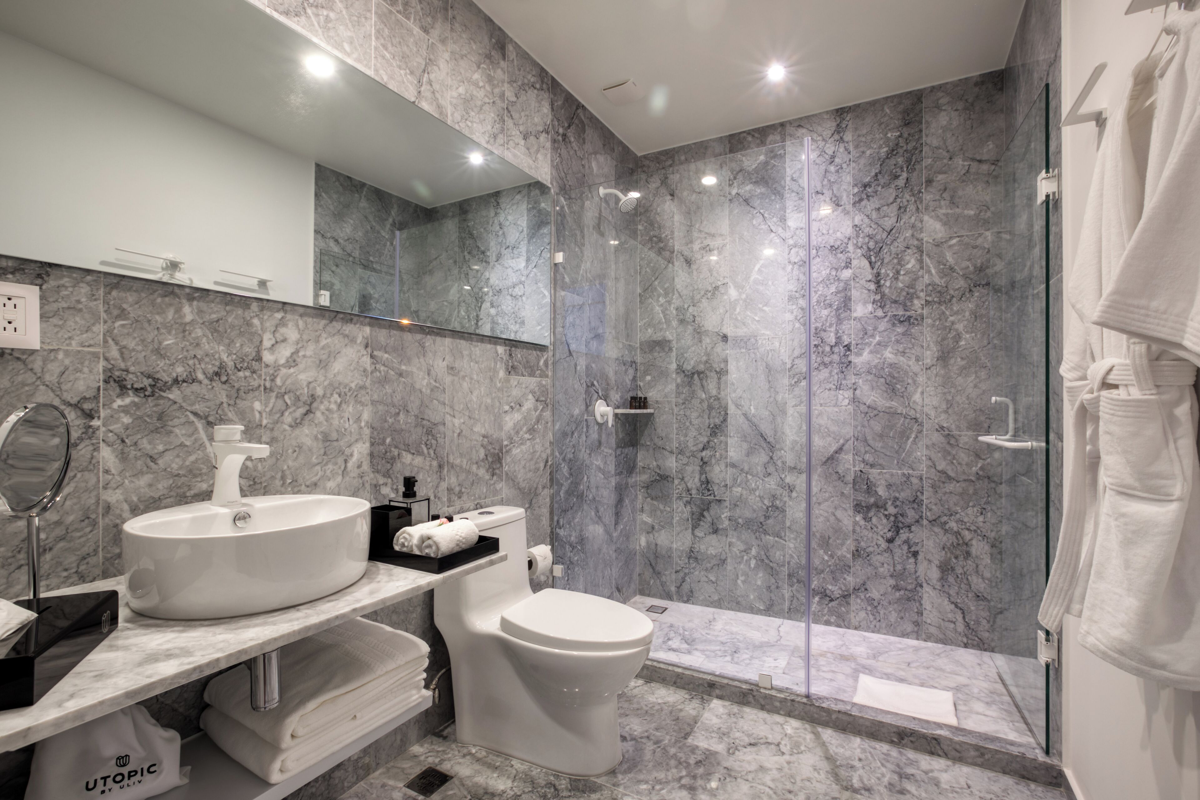 shower, rainfall showerhead, hair dryer, bathrobes