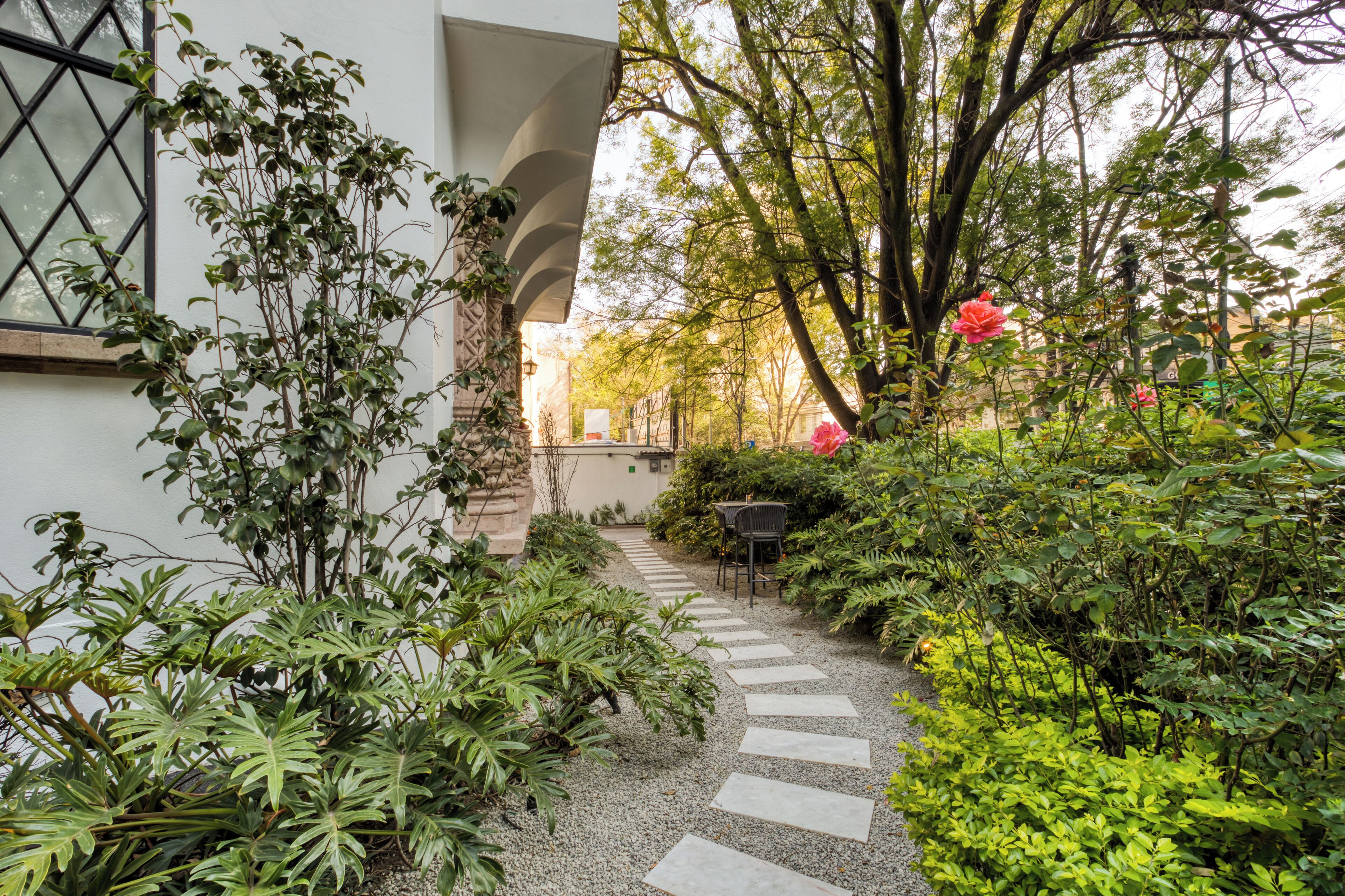 A garden pathway leading to a building with a white facade and a window with a diamond pattern.