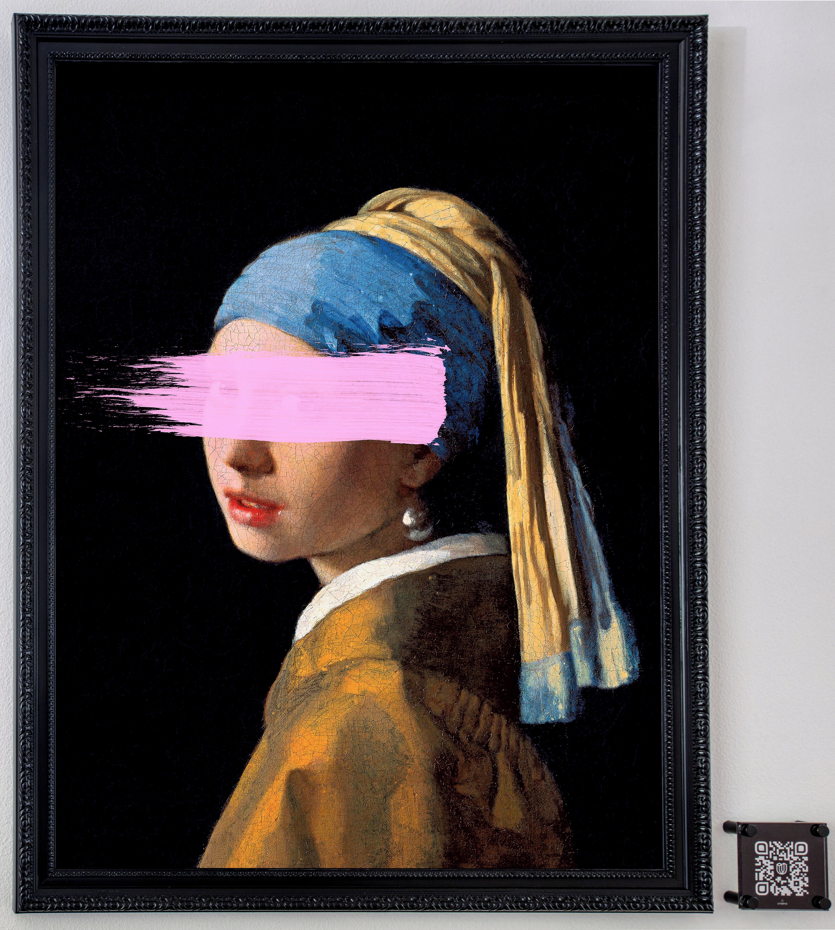 A framed artwork with a QR code in the bottom right corner.