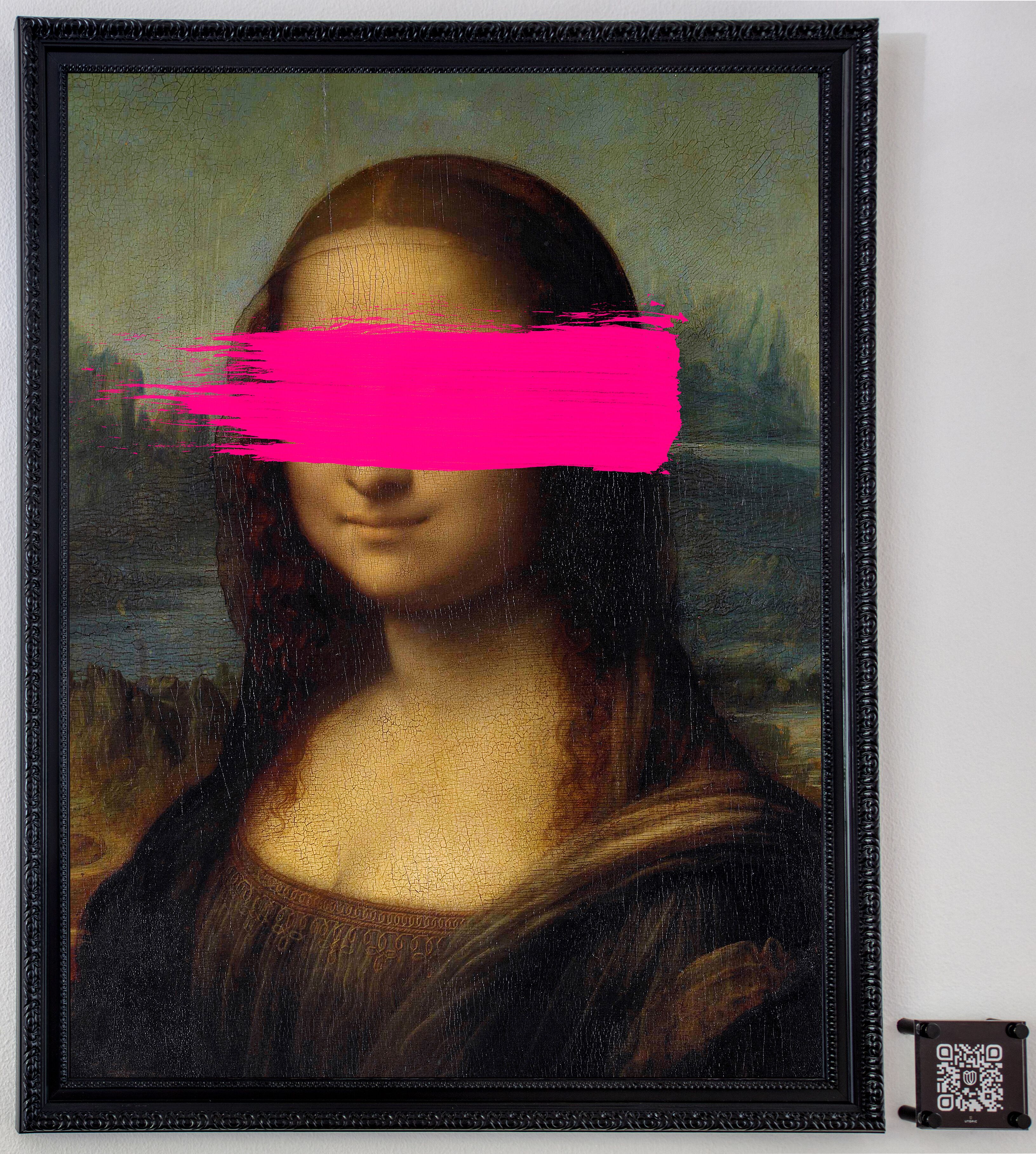 A framed artwork with a QR code in the bottom right corner.