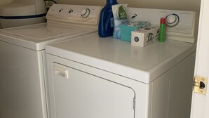 A laundry area with two stacked washing machines, a blue detergent bottle, a green bottle, and a few detergent packets.