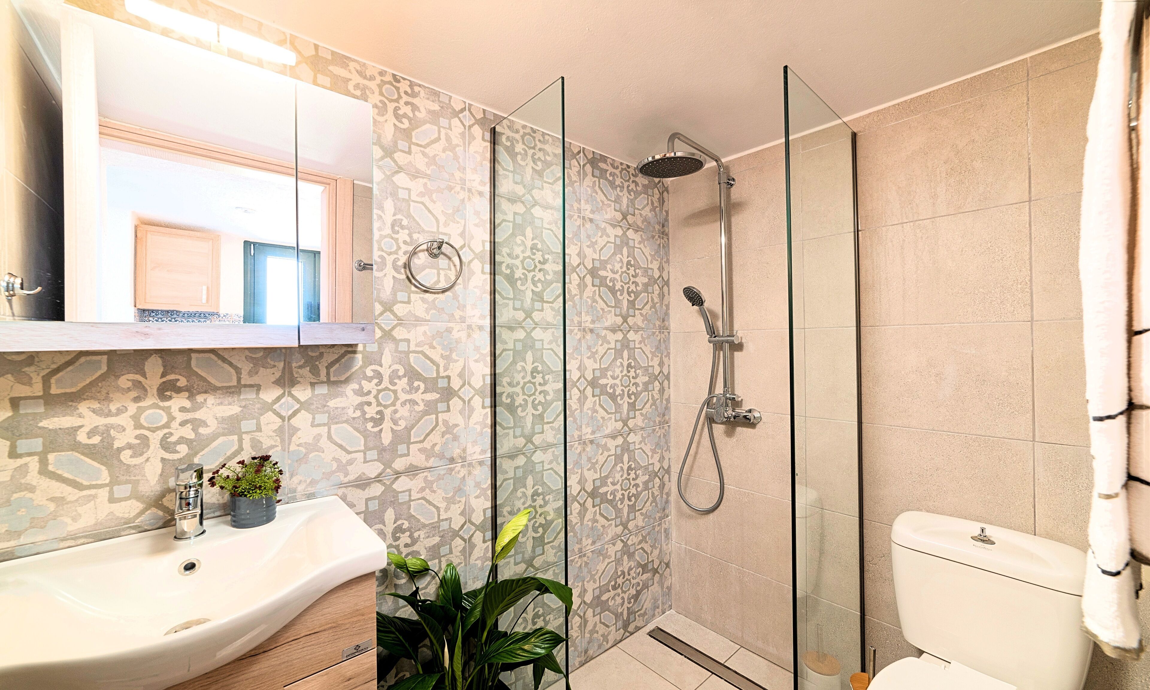A bathroom with a glass shower enclosure, a sink with a mirror above it, and a toilet.