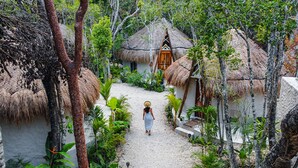 A pathway leading to a thatched-roof house surrounded by lush greenery.