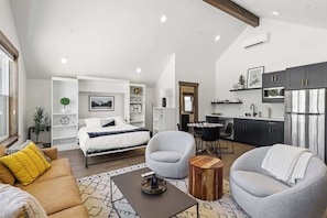 Smart TV, fireplace, books