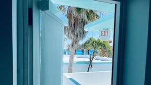 An exit sign, a palm tree, and a poolside view.
