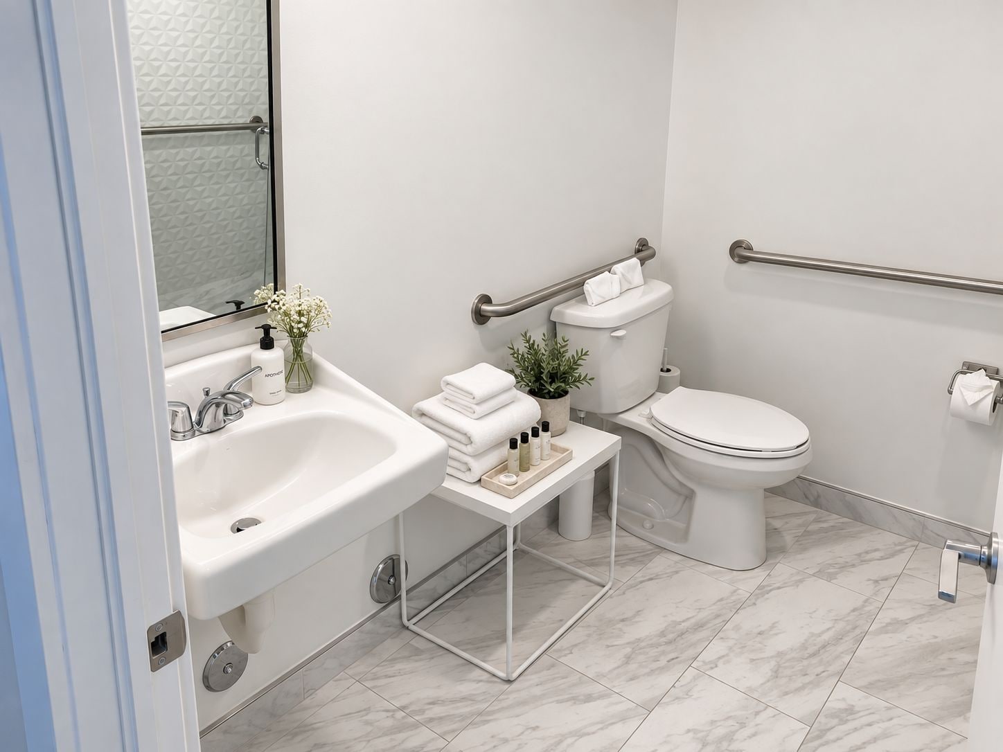 A modern bathroom with a white sink, toilet, and bathtub.