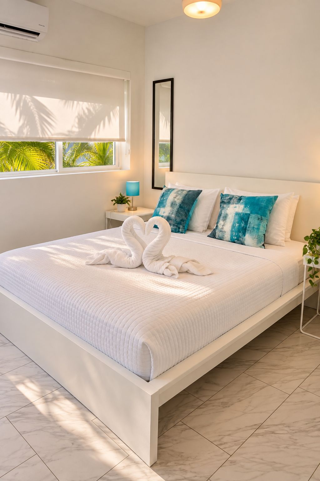 A modern bedroom with a large bed, white bedding, and a tropical view through the window.