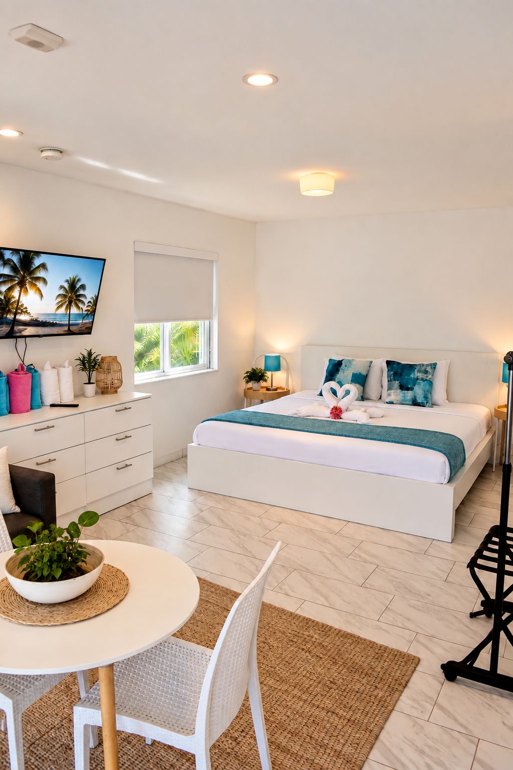A modern bedroom with a bed, bedside tables, a TV, and a dining area with a table and chair.
