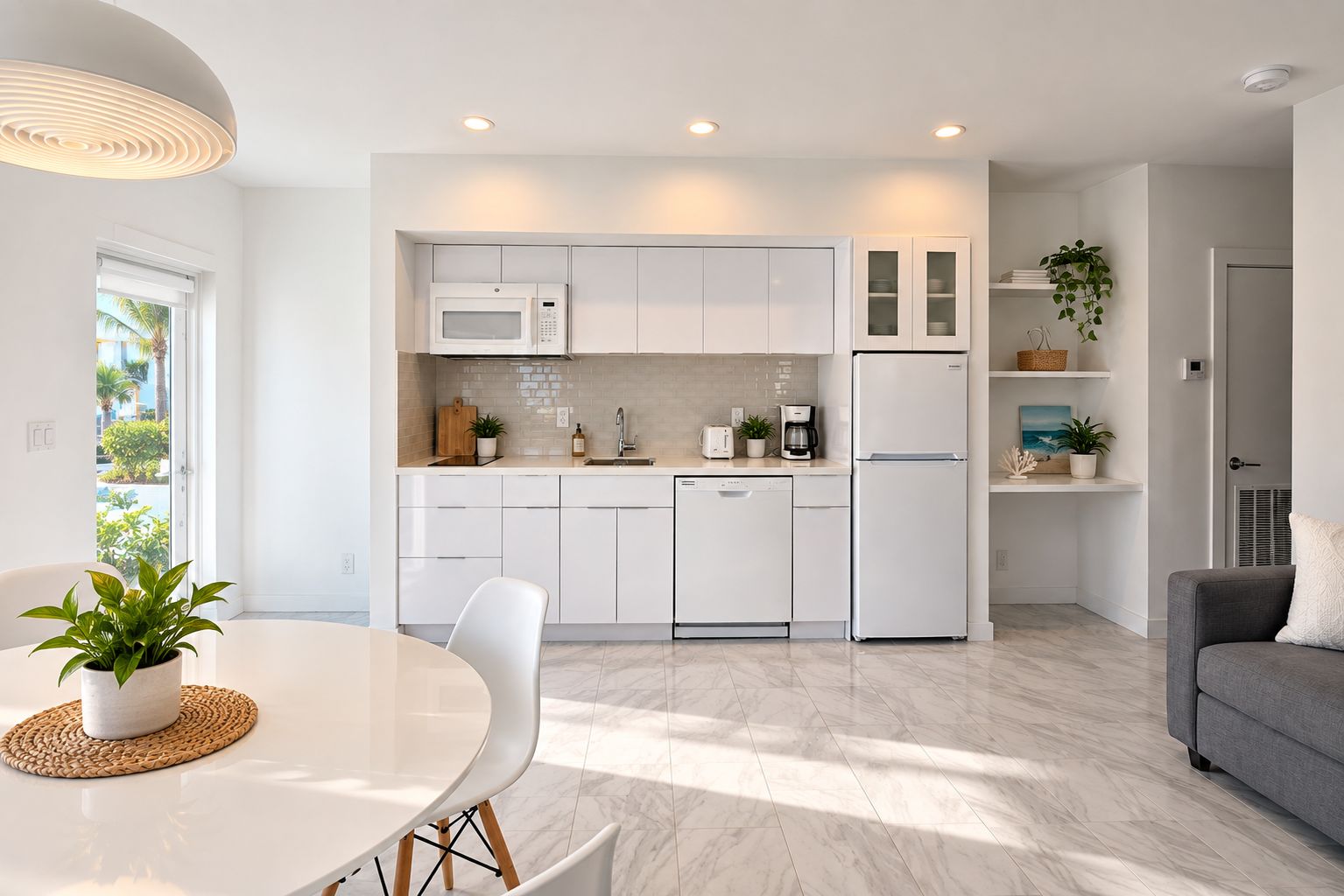 A modern kitchen with white cabinetry, a built-in microwave, and a refrigerator. There is a dining area with a table and chairs, and a gray sofa in the living room.