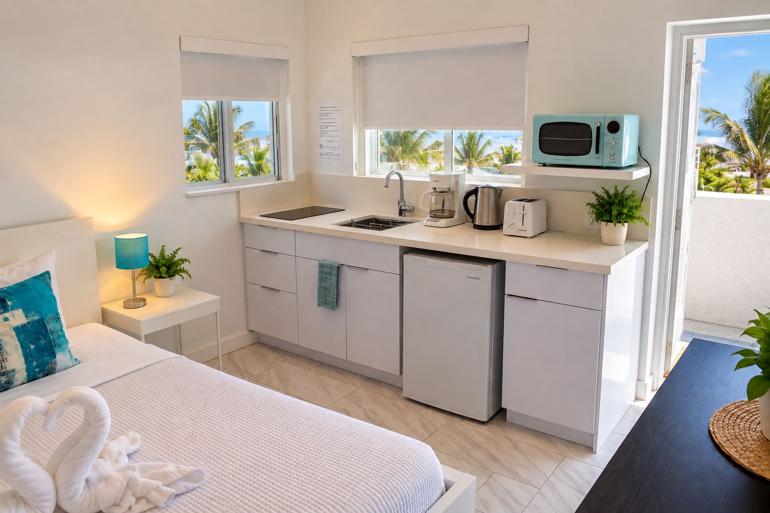 Habitación de hotel compacta con kitchenette, una cama con almohada azul, lámpara de noche y vistas a palmeras.