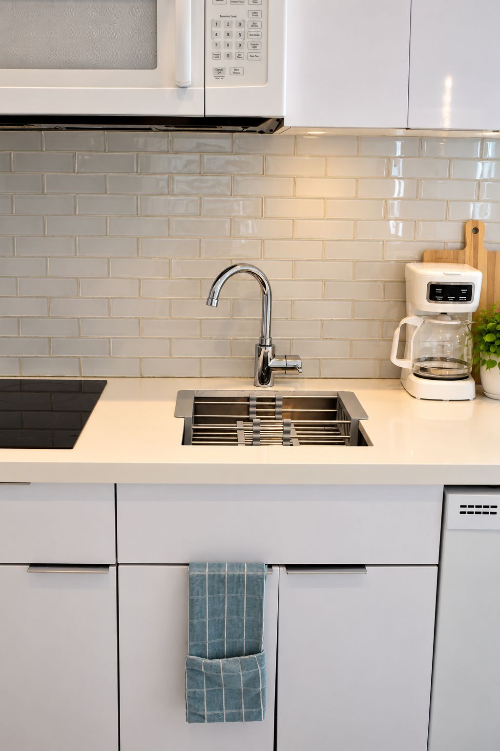 A kitchen with a stainless steel sink, a coffee maker, and a microwave.