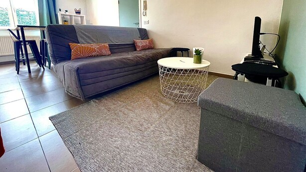 A modern living room with a grey sofa, a round coffee table, and a black side table. - L'appartement d'Houyet (Houyet)