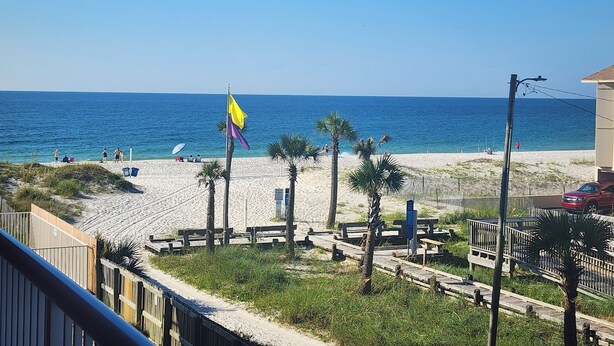 Una playa con una bandera, palmeras y un paseo de madera.