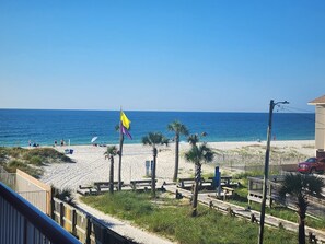 A beach with a flag, palm trees, and a wooden walkway.