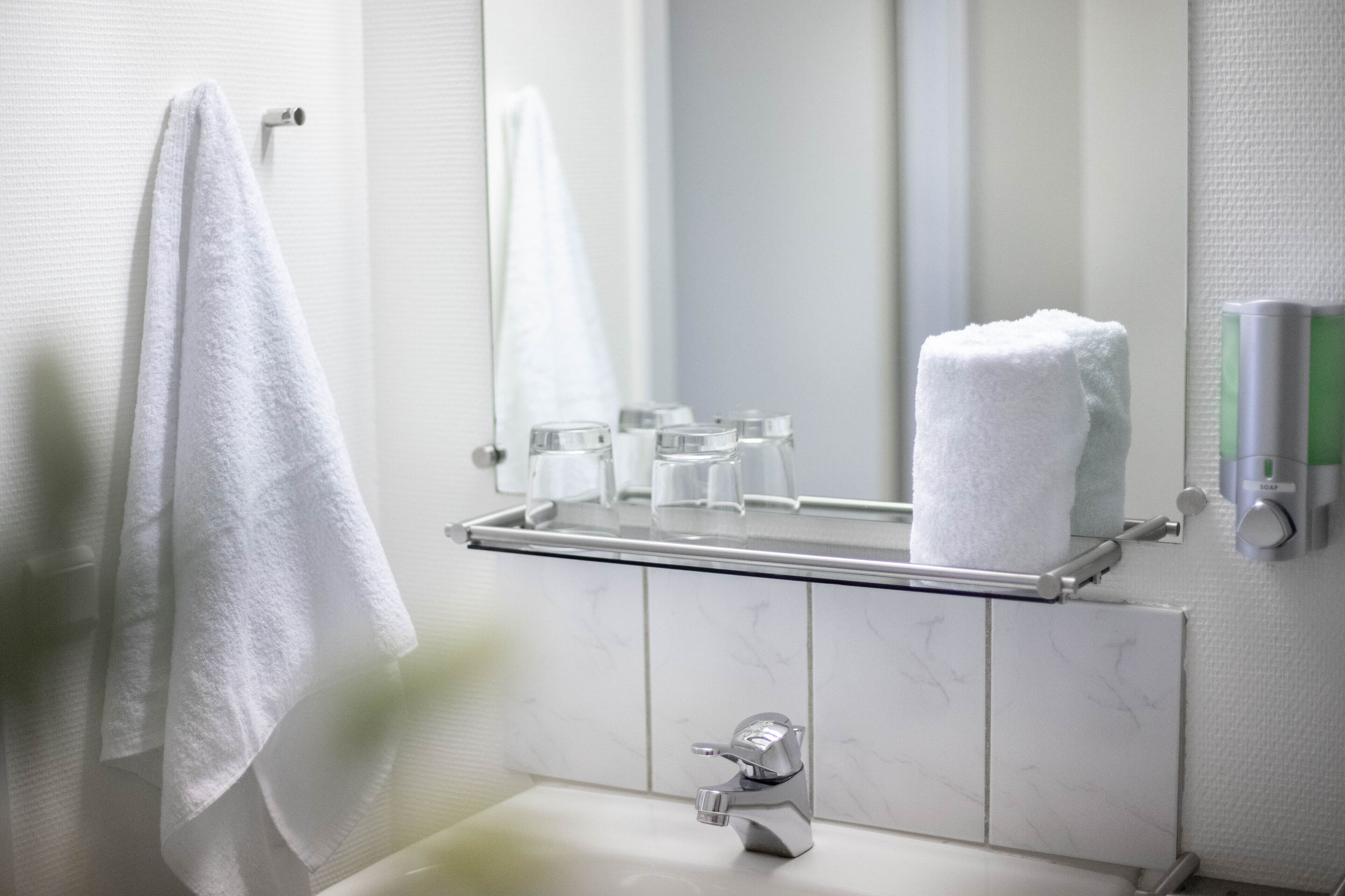 shower, towels, soap, shampoo