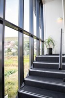 Eine Treppe mit einem Blumentopf, großen Fenstern und Blick auf eine Wohngegend.