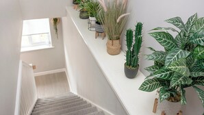 A staircase with a white railing, a window, and various potted plants on the landing.
