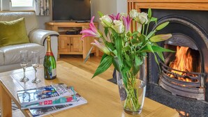 A cozy living room with a fireplace, a television, a sofa, and a table with a vase of flowers and a bottle of champagne. - 4 bedroom accommodation in Portpatrick, near Stranraer (Portpatrick, near Stranraer)