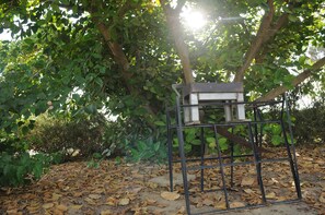 A metal structure with a white object on top, surrounded by trees and dry leaves on the ground.