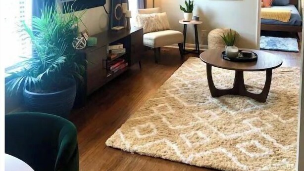 A cozy living room with a flat-screen TV, a comfortable sofa, a small round table, and a potted plant. - Lower Greenville Studio (Dallas)