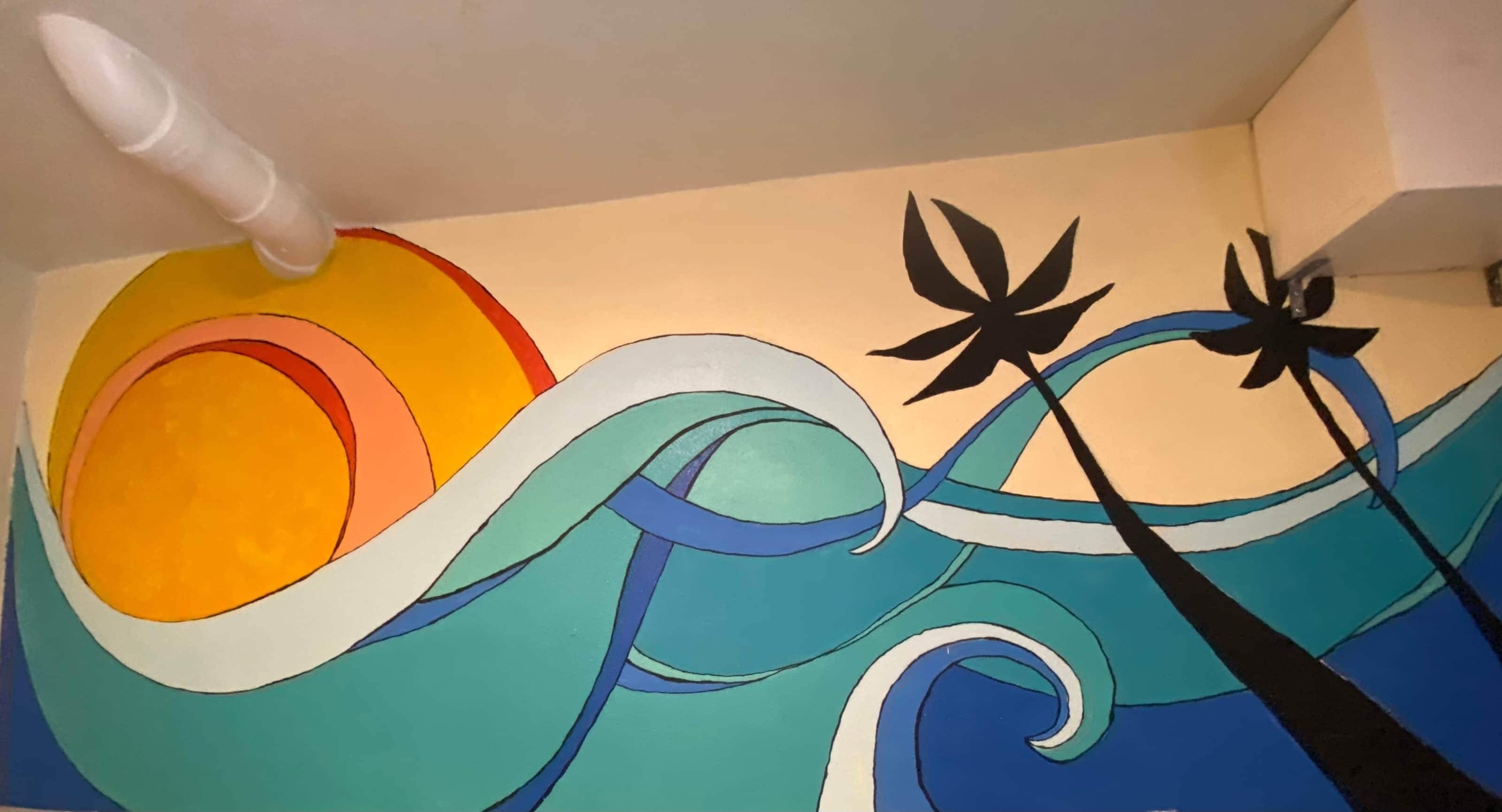 Una pintura abstracta y colorida que muestra un sol, olas y dos flores negras.