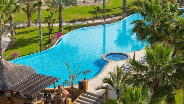 A large swimming pool with a hot tub, surrounded by palm trees and a thatched roof structure. - Ocean View Condo at Pool-Beach and Golf Resort with Concierge, Maids and Chef - Meal Services (La Paz)