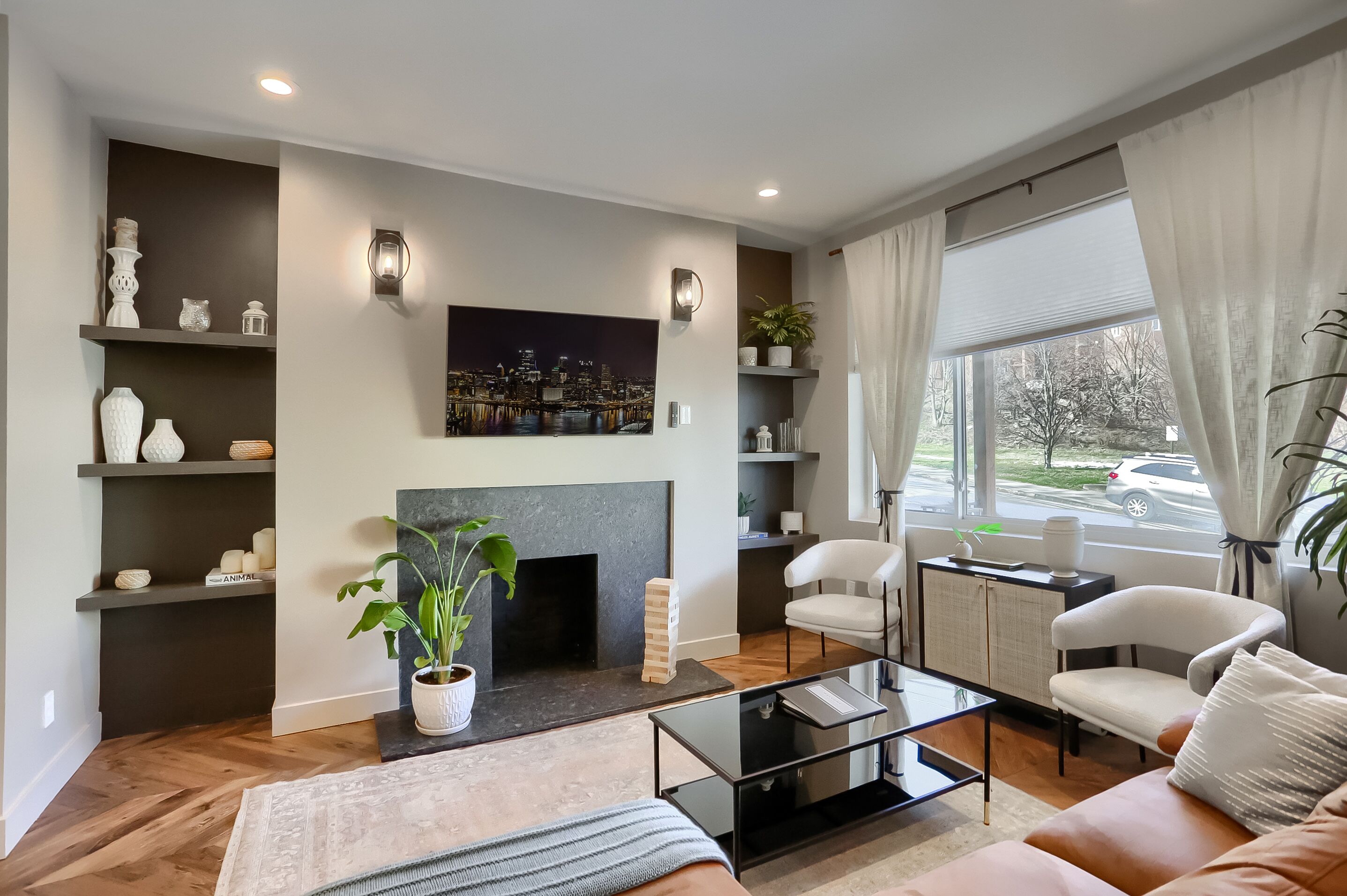 Smart TV, fireplace, books, music library