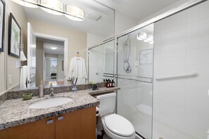 Combined shower/bathtub, hair dryer, towels, toilet paper