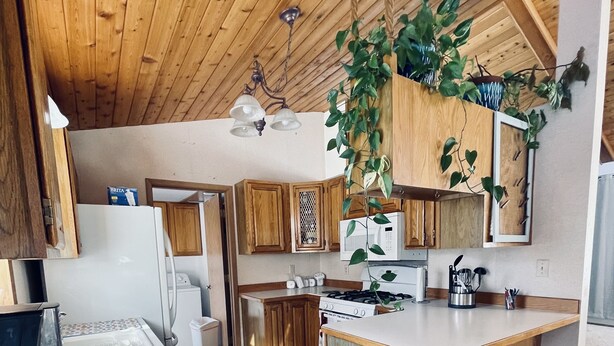 A kitchen with wooden cabinets, a central island with stools, a hanging plant, and a ceiling with exposed beams. - Your Cozy Home in the Woods (Soldotna)
