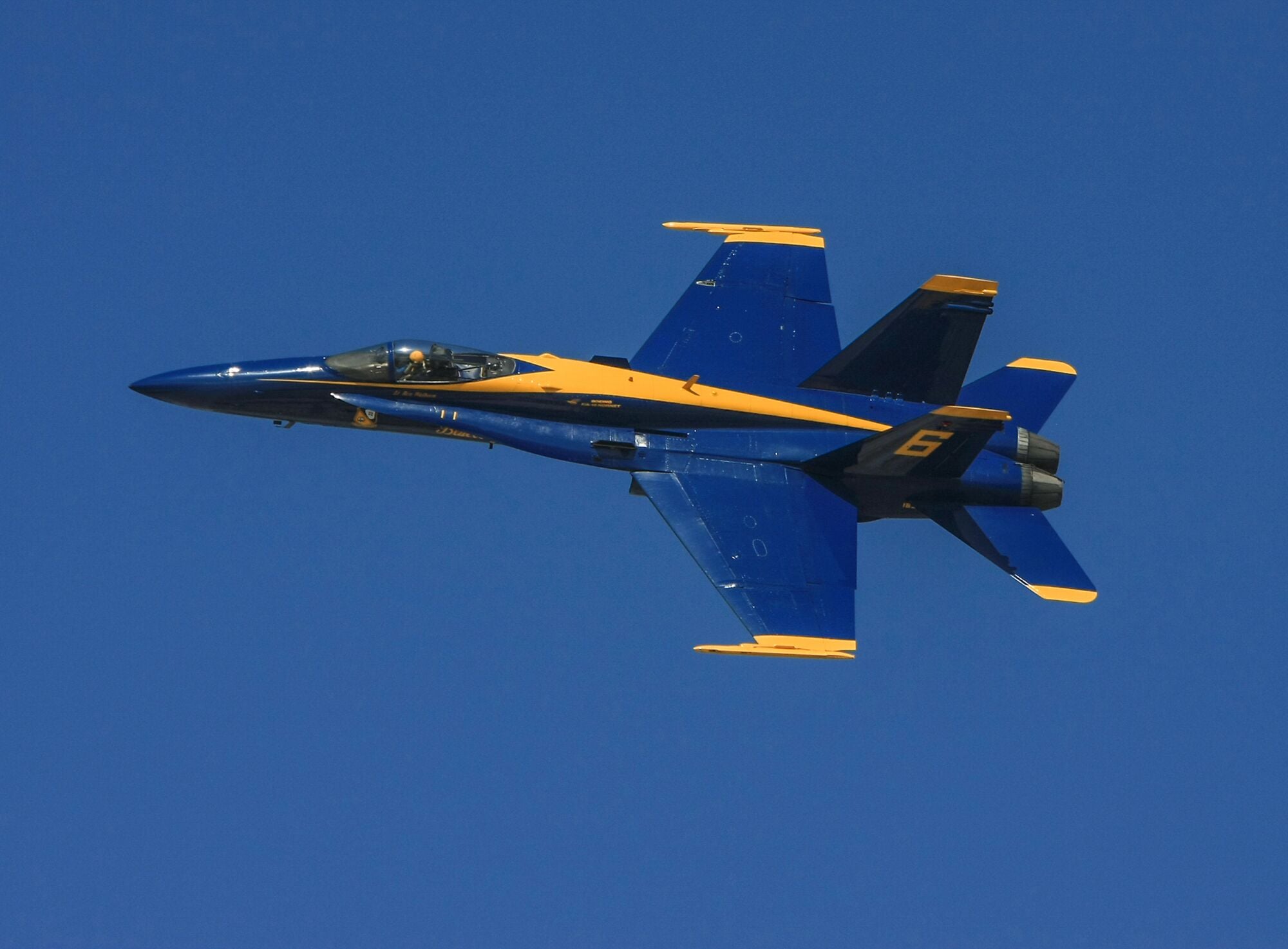 Ein blau-gelbes Flugzeug mit der Aufschrift 6 am Heck fliegt gegen einen wolkenlosen, blauen Himmel.