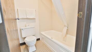 Een badkamer met toilet, bad en douchegordijn.