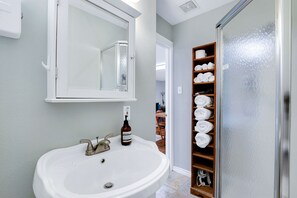 Shower, hair dryer, towels