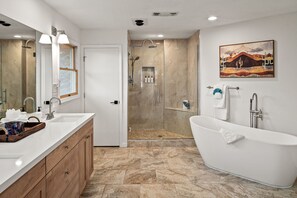 Combined shower/tub, hair dryer, towels