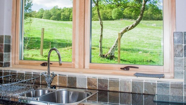 A kitchen with a double sink, a dish rack, and a window overlooking a green field with trees.