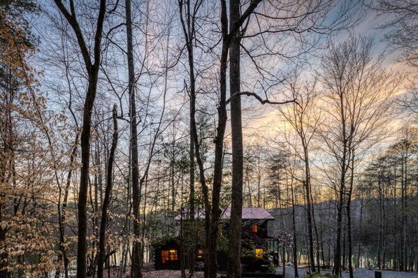 A cabin surrounded by tall trees with a clear view of the sky.