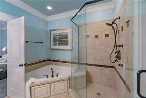 Combined shower/tub, jetted tub, soap, toilet paper
